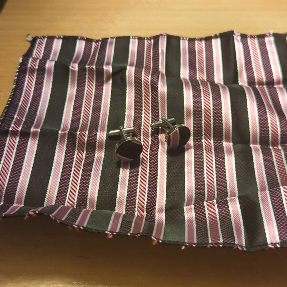 Cuff links with pocket square in a box